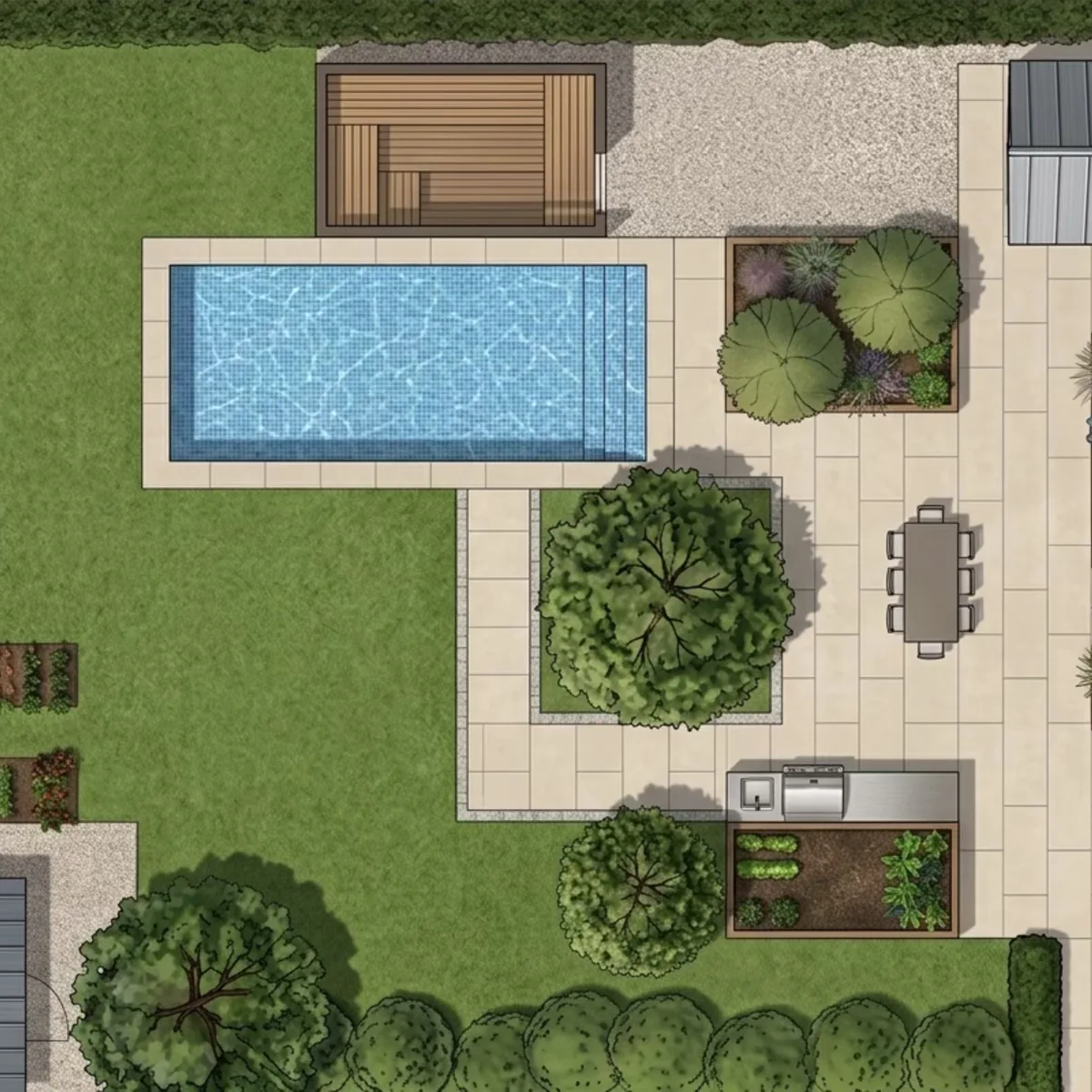 Colorierter Gartenplan mit Pool, Sauna, Terrasse, Hochbeeten und Rasenfläche