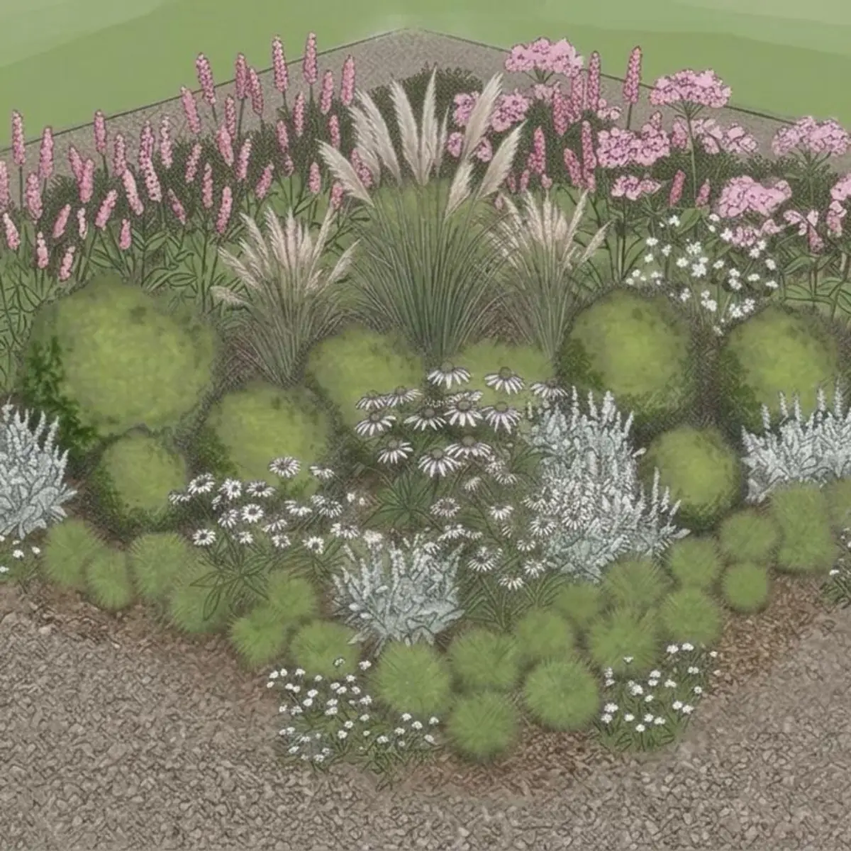 Illustration einer Beetplanung mit Stauden und Gräsern