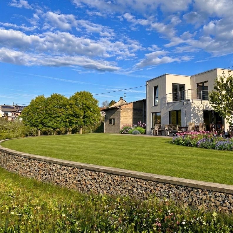 Moderner Garten mit Natursteinmauer und Rasenfläche
