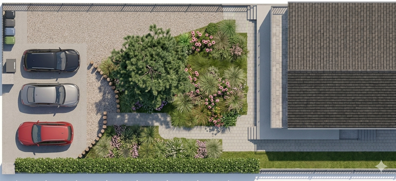 Vorgarten-Visualisierung mit Stellplätzen, Kiesflächen und Bepflanzung