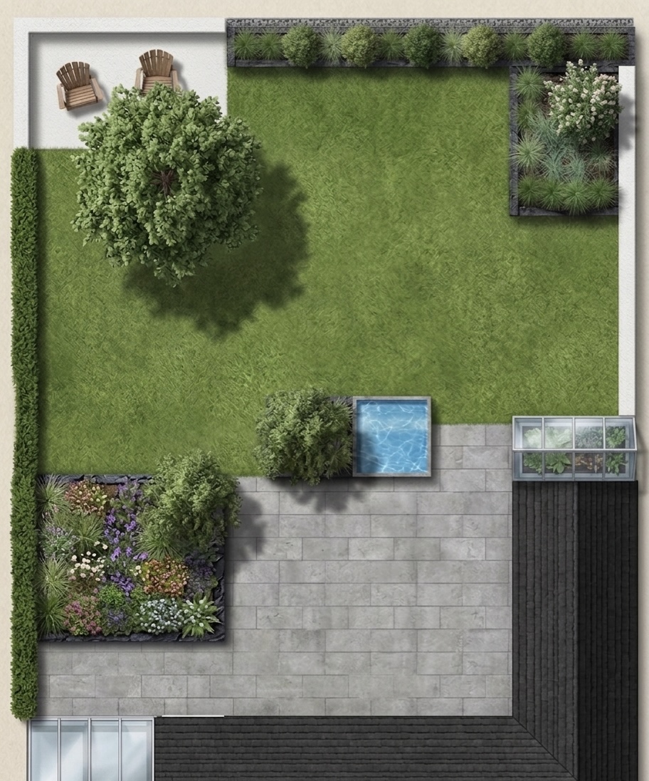 Gartenplan mit Rasenfläche, Pool, Sitzbereich und Beeten