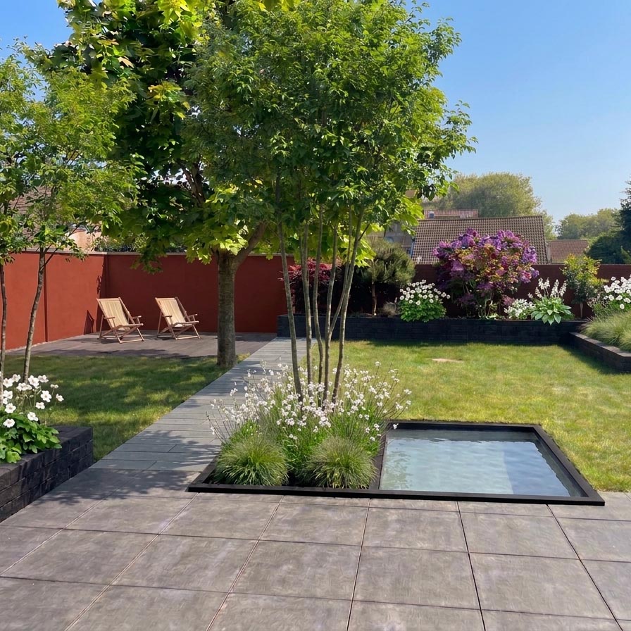 Terrasse mit Wasserspiegel und Sitzbereich